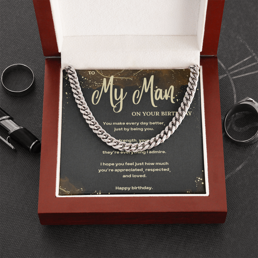 Cuban Link Chain Necklace – Birthday Gift for Boyfriend or Husband – To My Man Message Card Jewelry