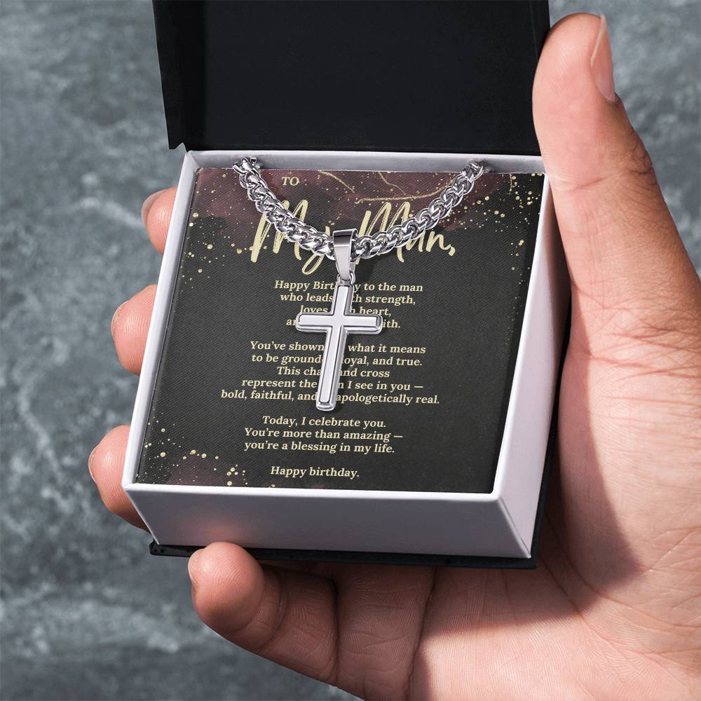 Cuban Link Chain with Cross – Birthday Gift for Husband, Boyfriend or Man – Religious Men’s Necklace