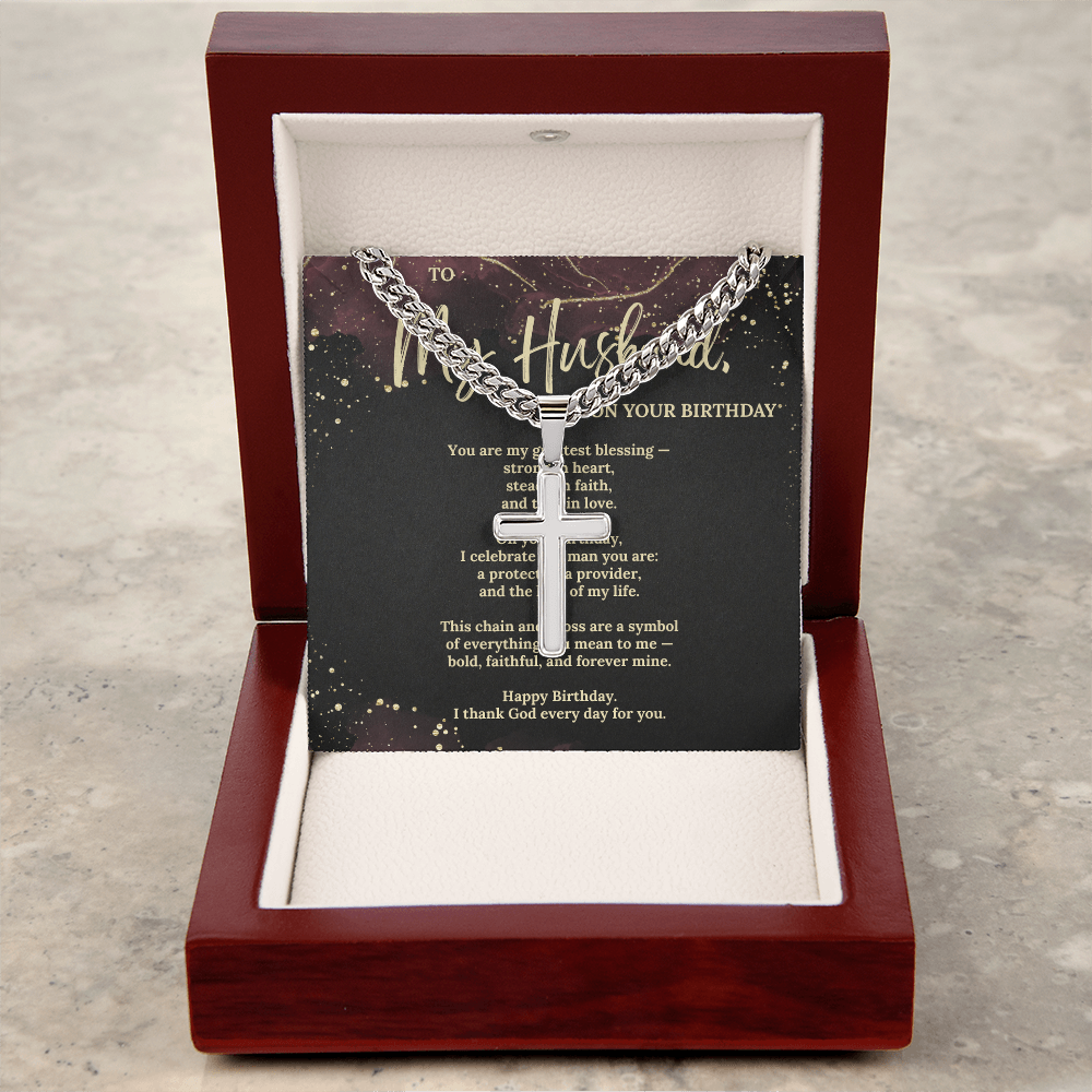 Cuban Chain Cross Necklace for Husband – Christian Gift for Him with Faith Message Card – Religious Jewelry for Men