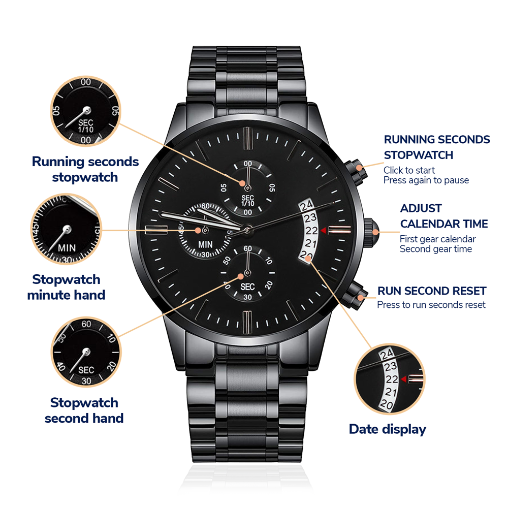 Engraved Black Chronograph Watch – Personalized Gift for Him, Custom Men's Watch, Anniversary, Birthday, Graduation Present