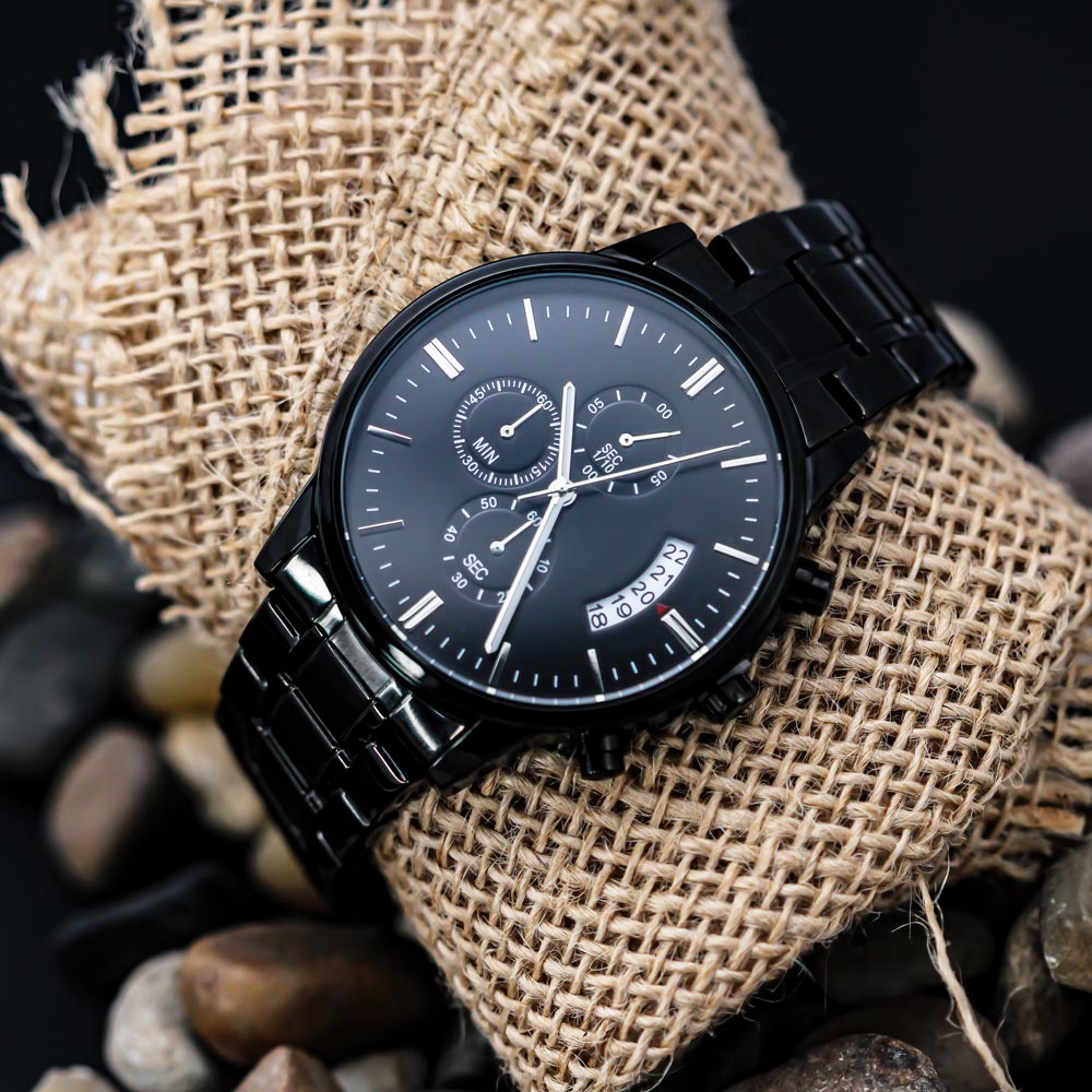 Engraved Black Chronograph Watch – Personalized Gift for Him, Custom Men's Watch, Anniversary, Birthday, Graduation Present