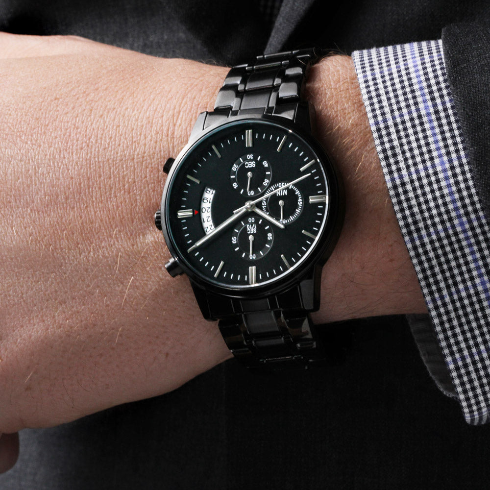 Engraved Black Chronograph Watch – Personalized Gift for Him, Custom Men's Watch, Anniversary, Birthday, Graduation Present