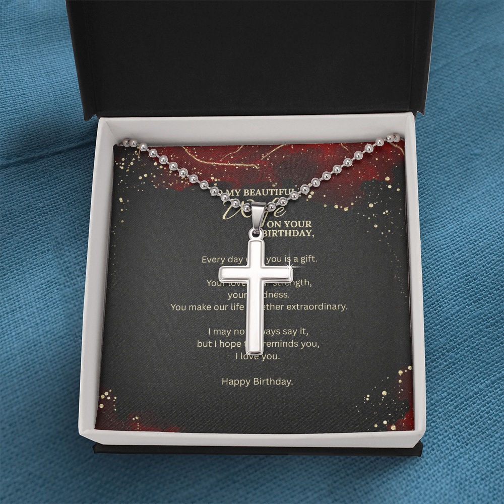 Stainless Steel Cross Necklace with Ball Chain – Birthday Gift for Wife with Message Card