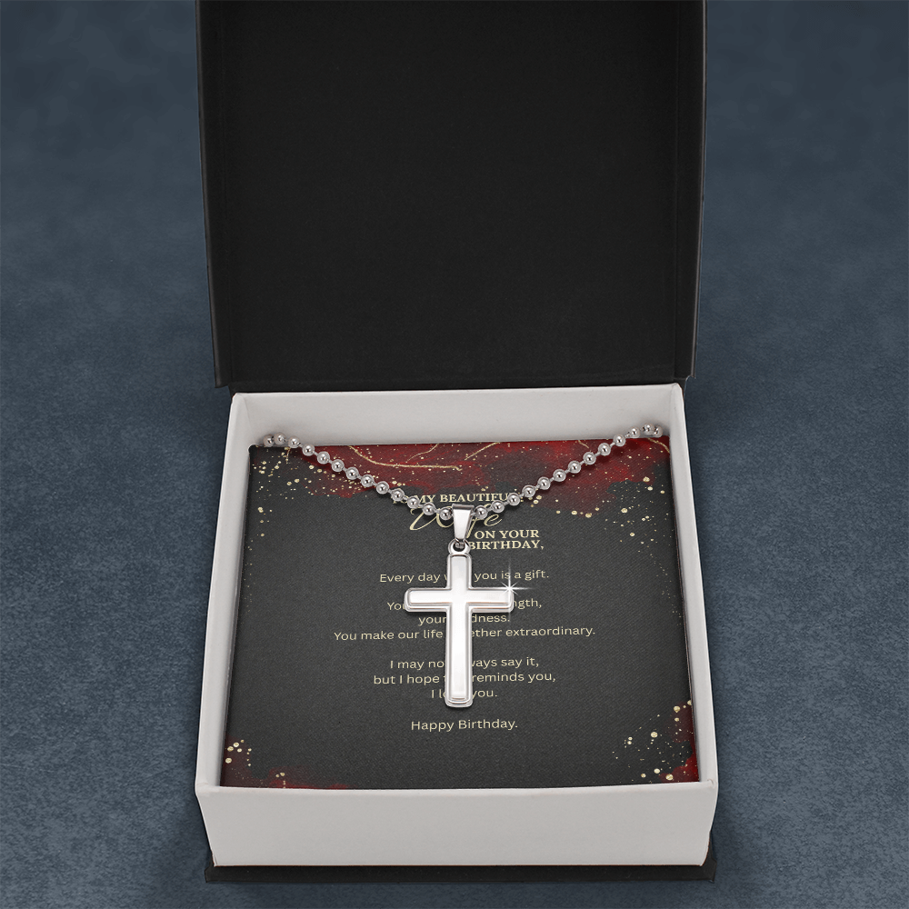 Stainless Steel Cross Necklace with Ball Chain – Birthday Gift for Wife with Message Card