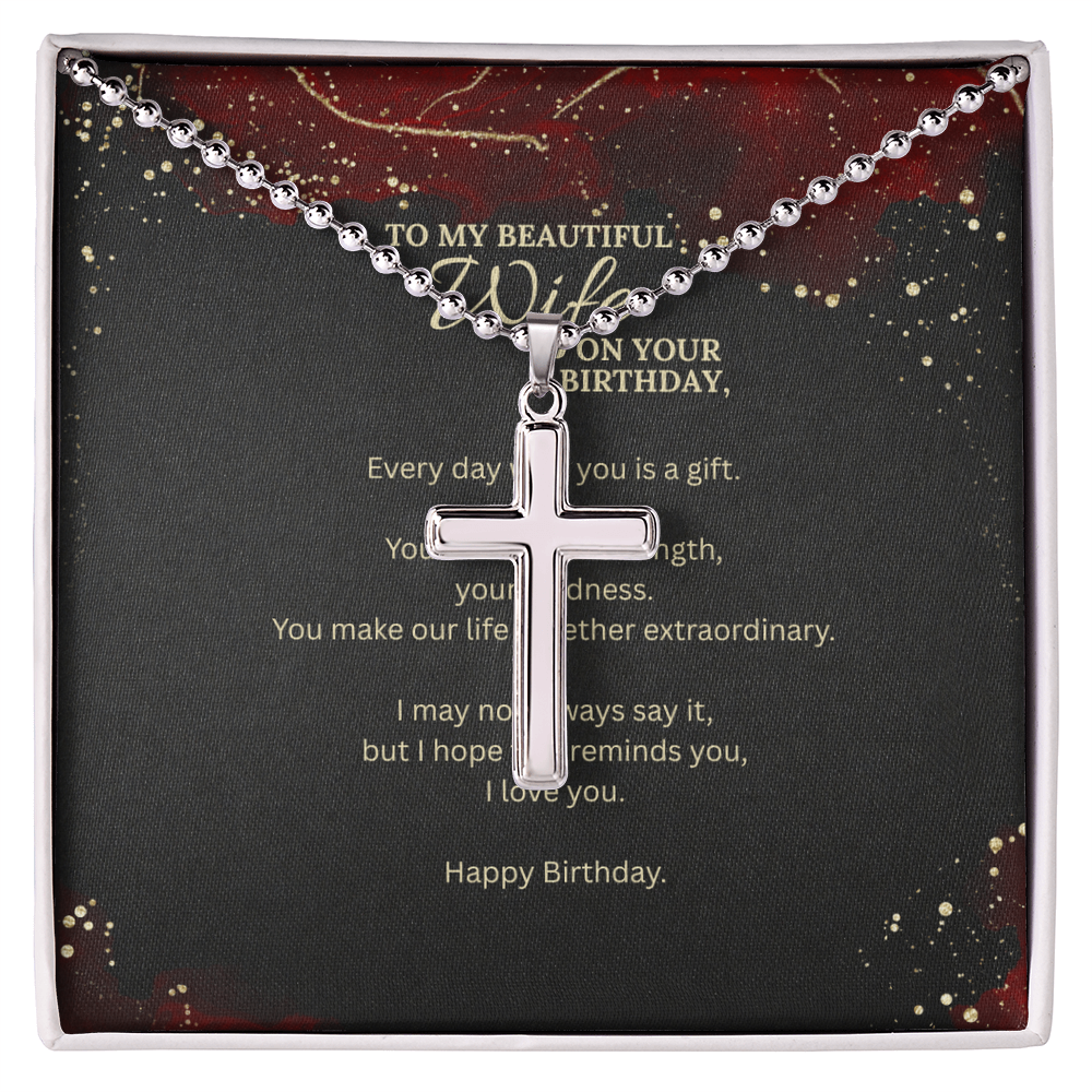 Stainless Steel Cross Necklace with Ball Chain – Birthday Gift for Wife with Message Card