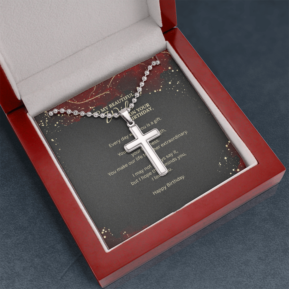 Stainless Steel Cross Necklace with Ball Chain – Birthday Gift for Wife with Message Card