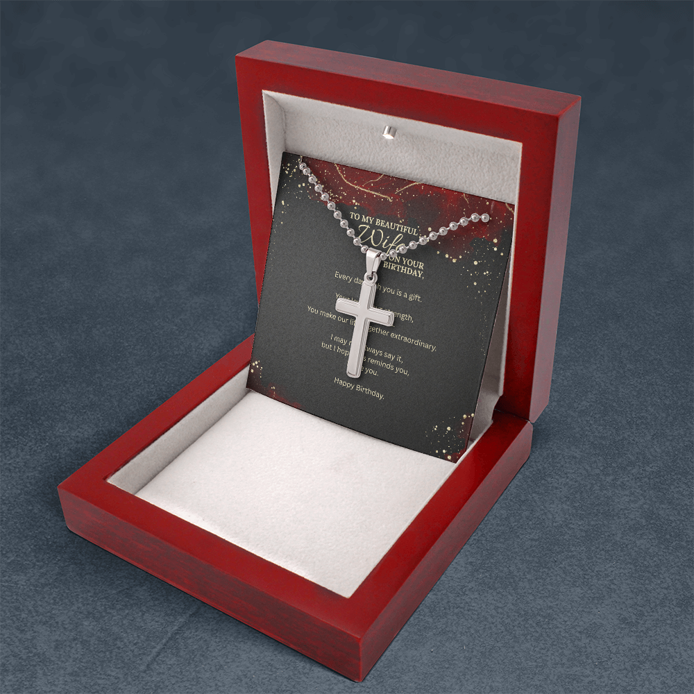 Stainless Steel Cross Necklace with Ball Chain – Birthday Gift for Wife with Message Card