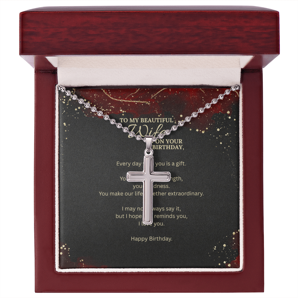 Stainless Steel Cross Necklace with Ball Chain – Birthday Gift for Wife with Message Card