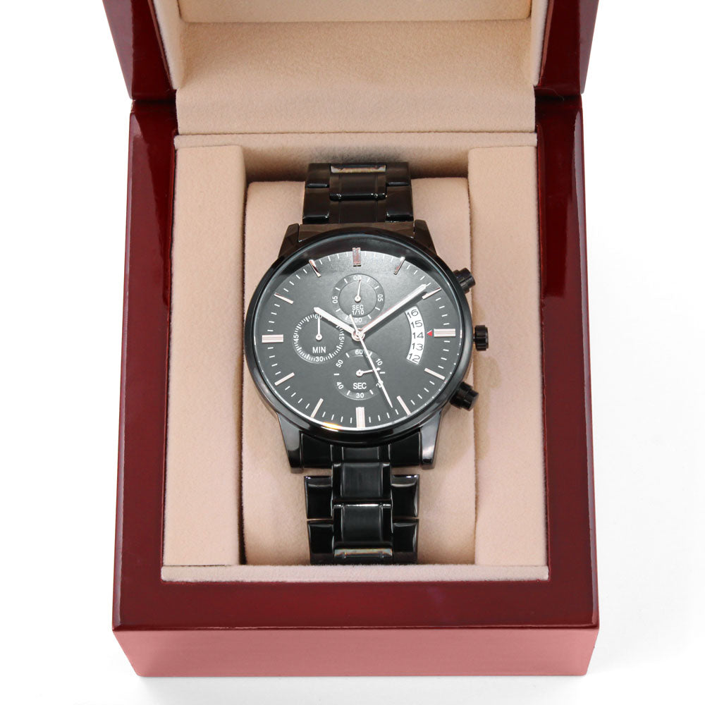 Engraved Black Chronograph Watch – Personalized Gift for Him, Custom Men's Watch, Anniversary, Birthday, Graduation Present