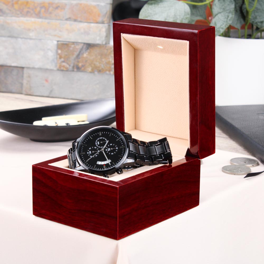Engraved Black Chronograph Watch – Personalized Gift for Him, Custom Men's Watch, Anniversary, Birthday, Graduation Present