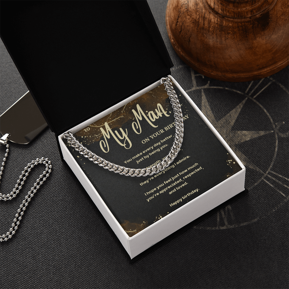 Cuban Link Chain Necklace – Birthday Gift for Boyfriend or Husband – To My Man Message Card Jewelry