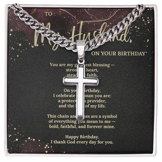 Cuban Chain Cross Necklace for Husband – Christian Gift for Him with Faith Message Card – Religious Jewelry for Men