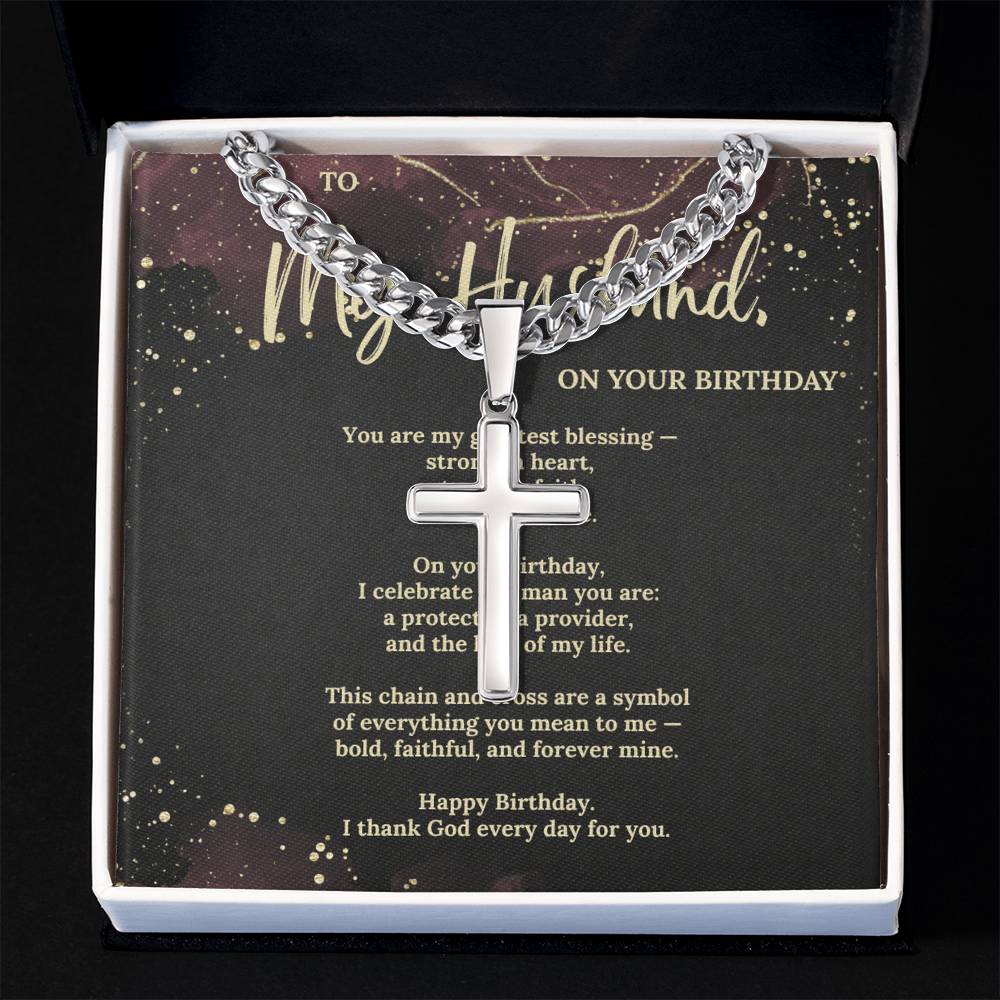 Cuban Chain Cross Necklace for Husband – Christian Gift for Him with Faith Message Card – Religious Jewelry for Men
