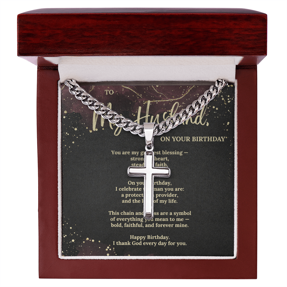 Cuban Chain Cross Necklace for Husband – Christian Gift for Him with Faith Message Card – Religious Jewelry for Men